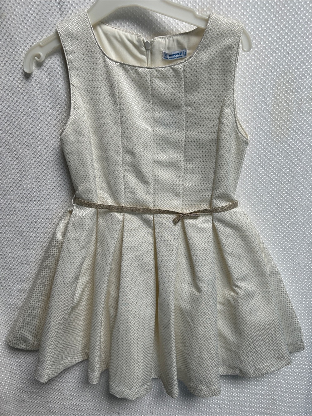 Mayoral Chic Ivory Fit-and-Flare Dress with Gold Trim. Size 10. NWT.